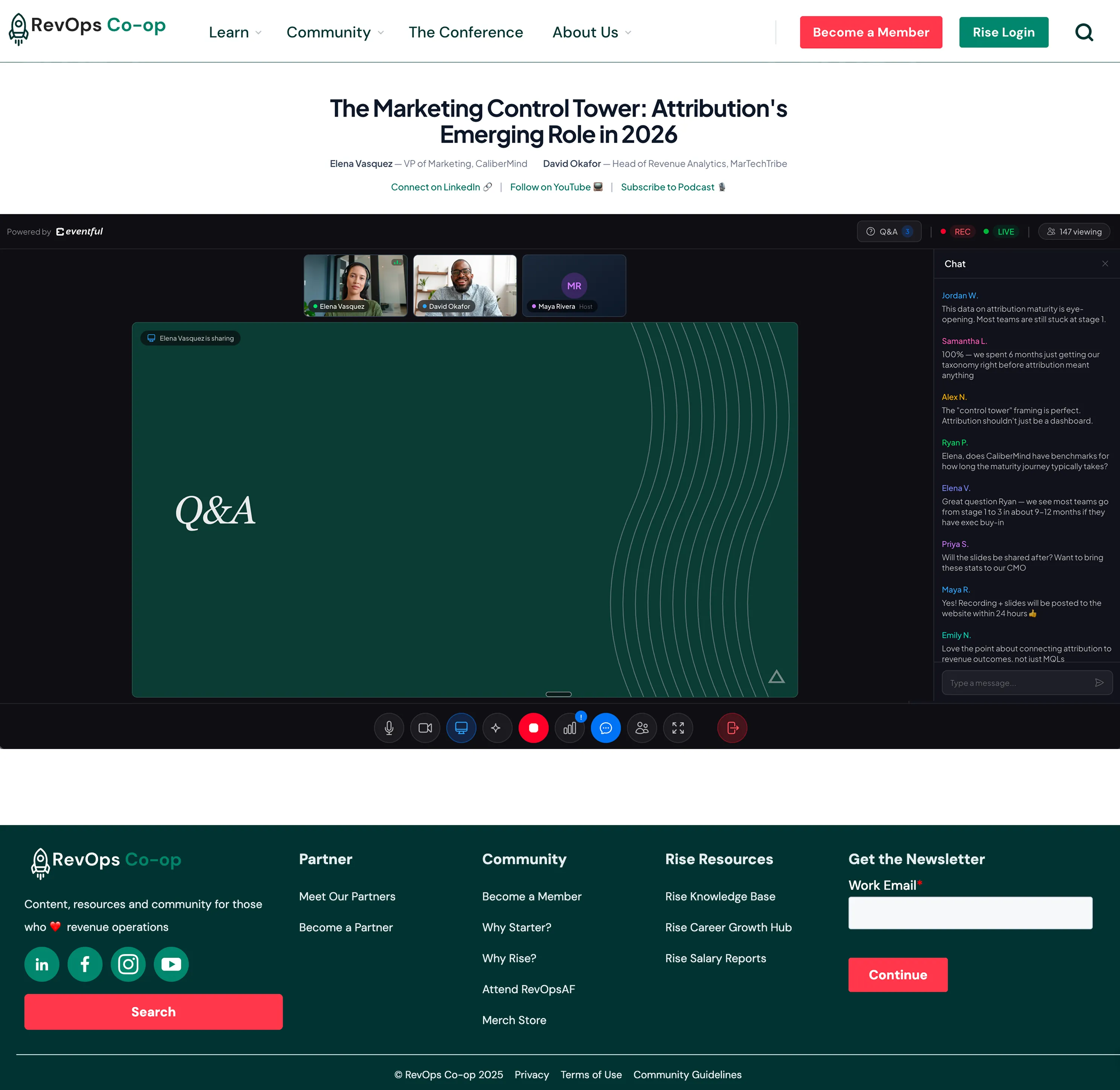 Live webinar hosted on revopscoop.com with speakers, chat, and viewers