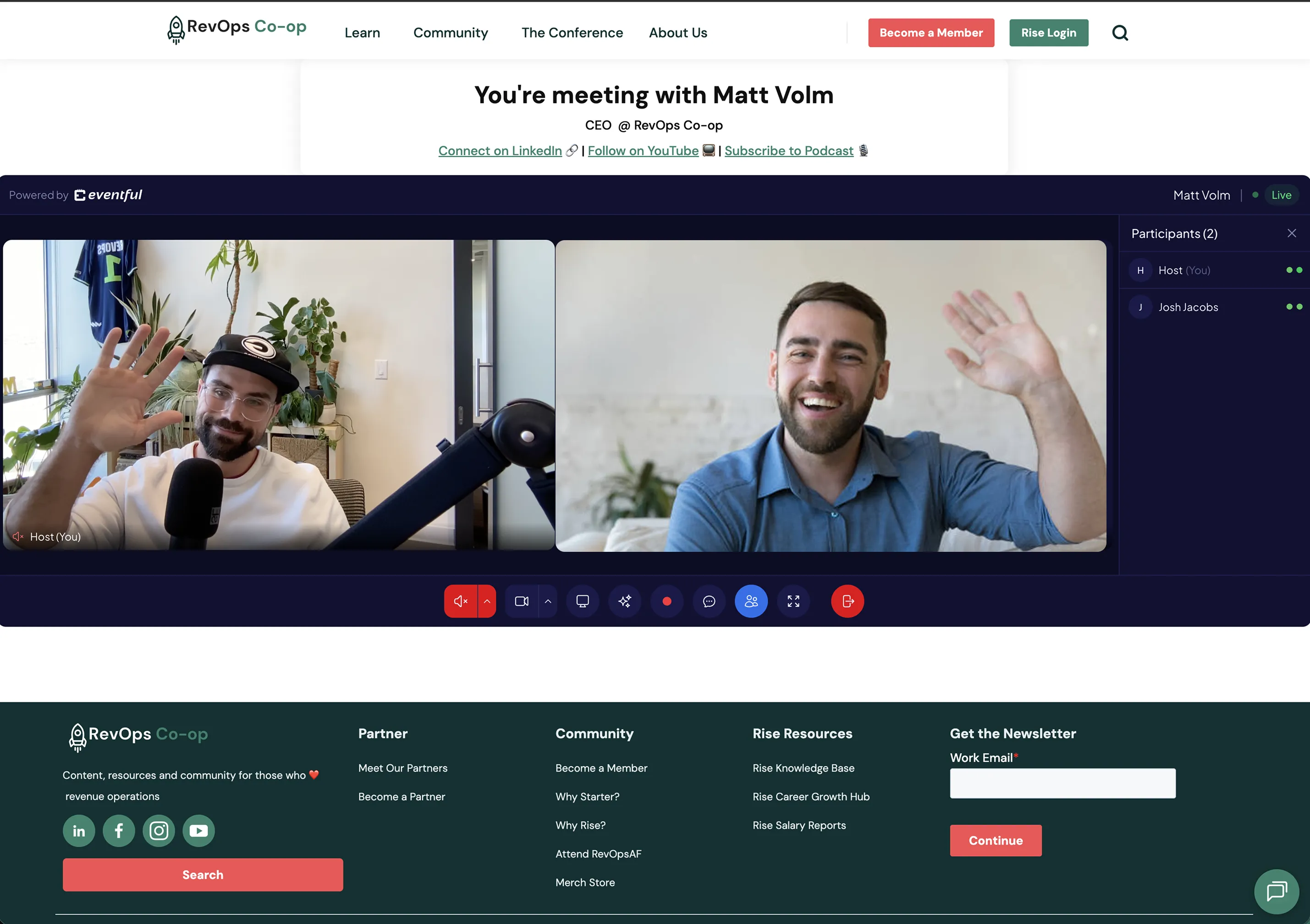 A branded meeting page on revopscoop.com showing a live video call