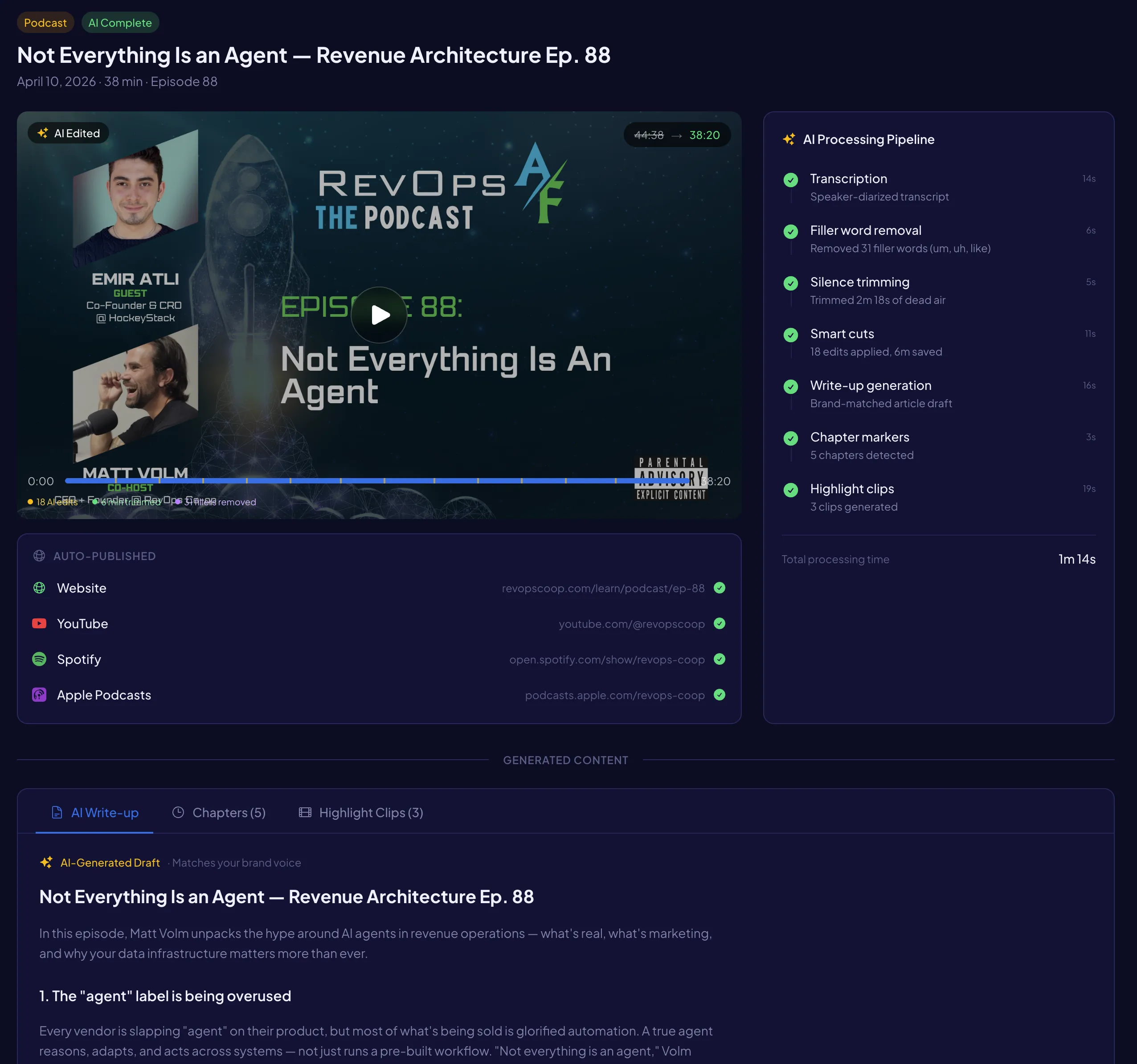 Podcast post-production pipeline with AI video editing steps